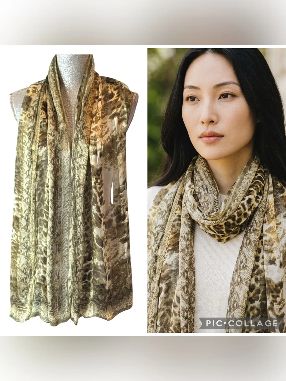 NWT Christian Fischbacher Silk Animal Print Oblong Scarf Wrap Olive Cream OS